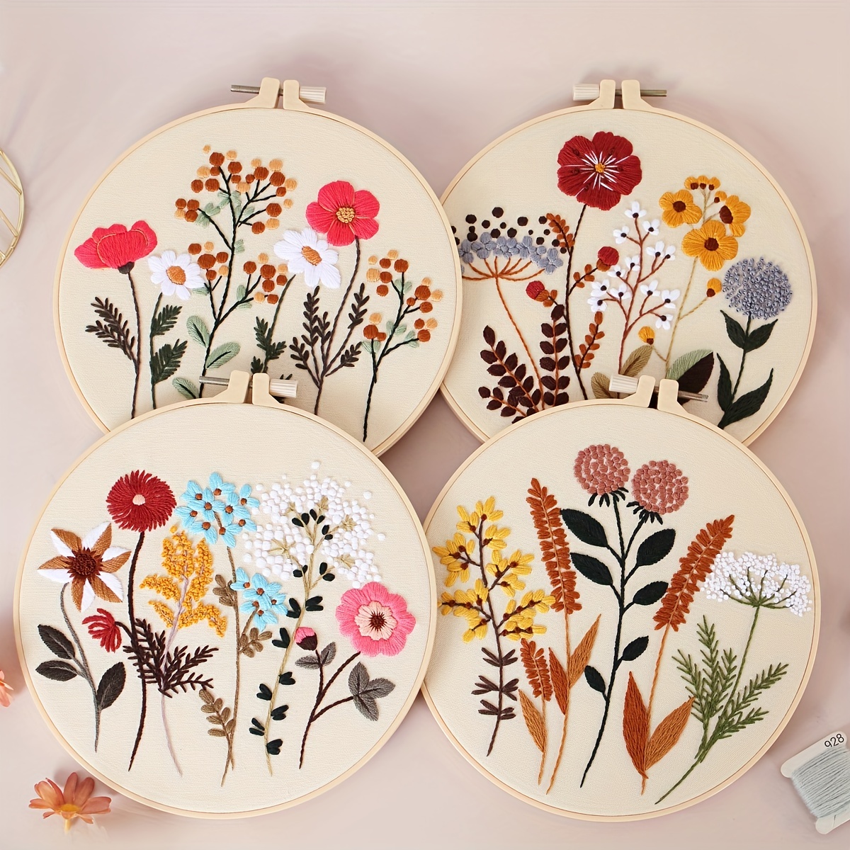 Floral Embroidery Kit 4pcs for Beginners – DIY Needlepoint Kit with Mixed Color Flower Patterns, Hoop, Threads & Tools for Adults